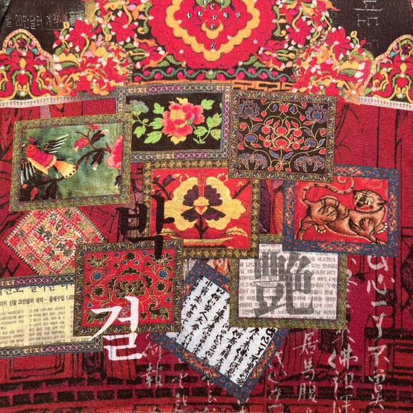 Vintage 90s Chinese Art Patchwork Animal Print Floral 3/4 Sleeve Shirt Indie Y2K - Picture 3 of 4